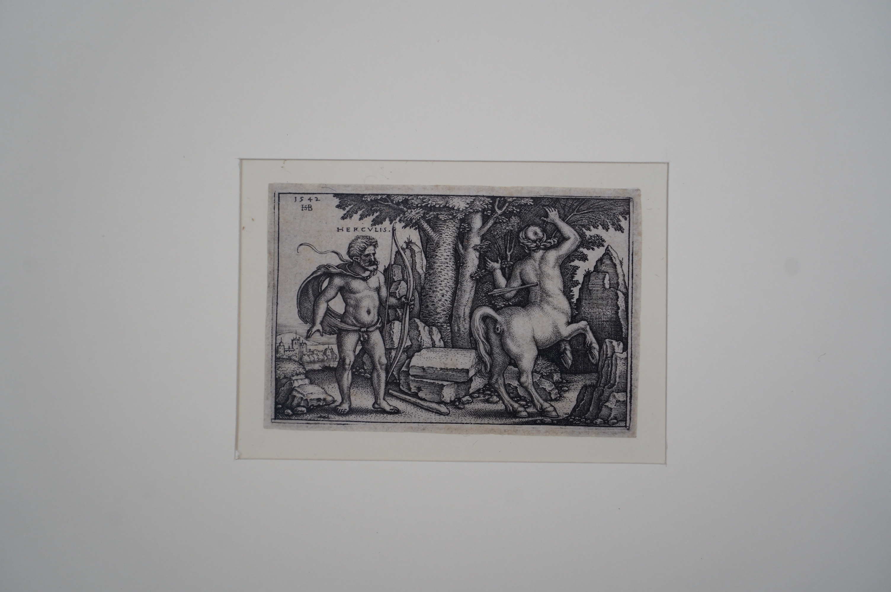 Hans Sebald Beham (German, 1500-1550), Hercules killing Nessus, original engraving 1542, 5 x 8cm